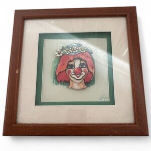 Vintage Framed Clown Watercolor Art Layered Paper Folk Art Portrait Original